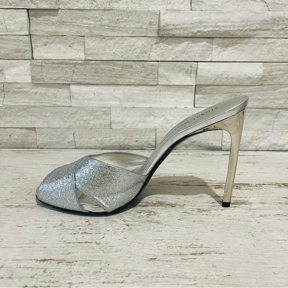 Stuart Weitzman Vintage Silver Glitter Stiletto High Heel Peep Toe Sandals 9M - Picture 6 of 15